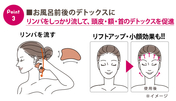 Point3 ■お風呂前後のデトックスにリンパをしっかり流して、頭皮・額・首のデトックスを促進 リンパを流す リフトアップ・小顔効果も!!