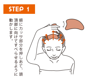 STEP1 額にカッサ部分を押しあて、頭頂部に向けてすべらせるように動かします。